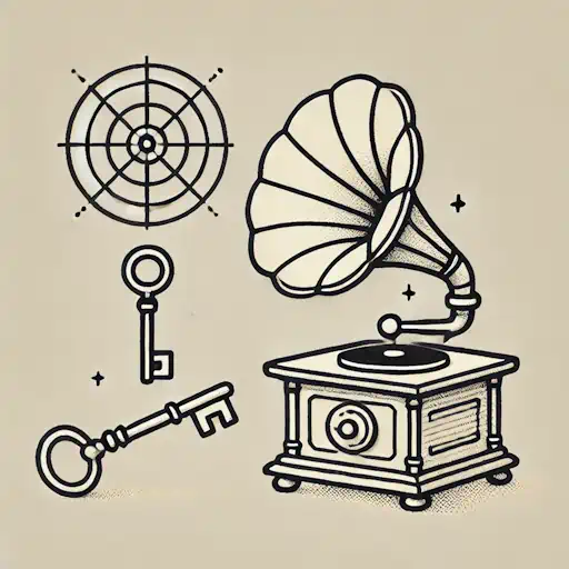 A simple drawing of a very uncommon object, like an antique key, a gramophone, or a sundial, in a cartoonish style. The object should still be recognizable but with intricate details to make it challenging. Minimal background elements.